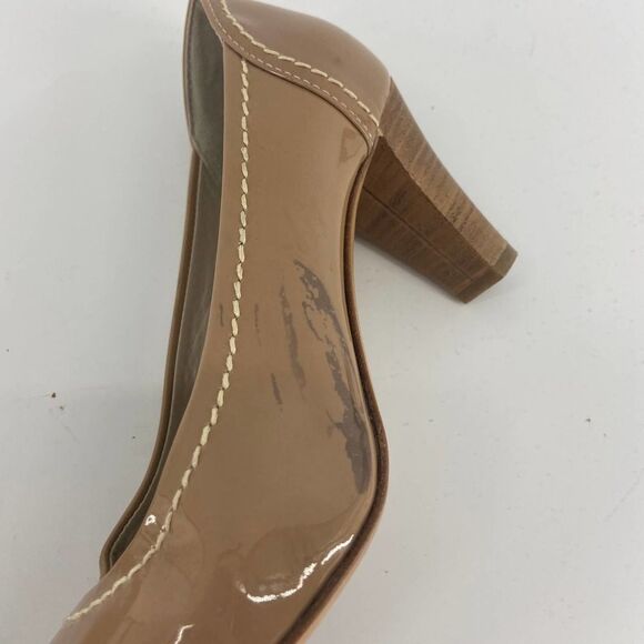 AGL Tan Patent Leather Stacked Wood Heel Pumps womens 38 - Picture 2 of 8